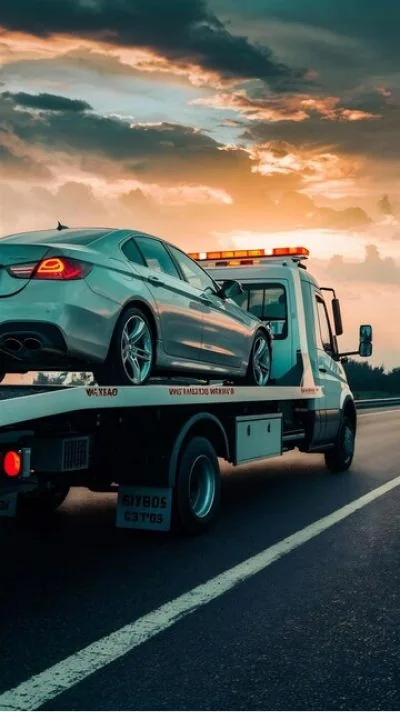 Car loaded on a recovery truck at sunset