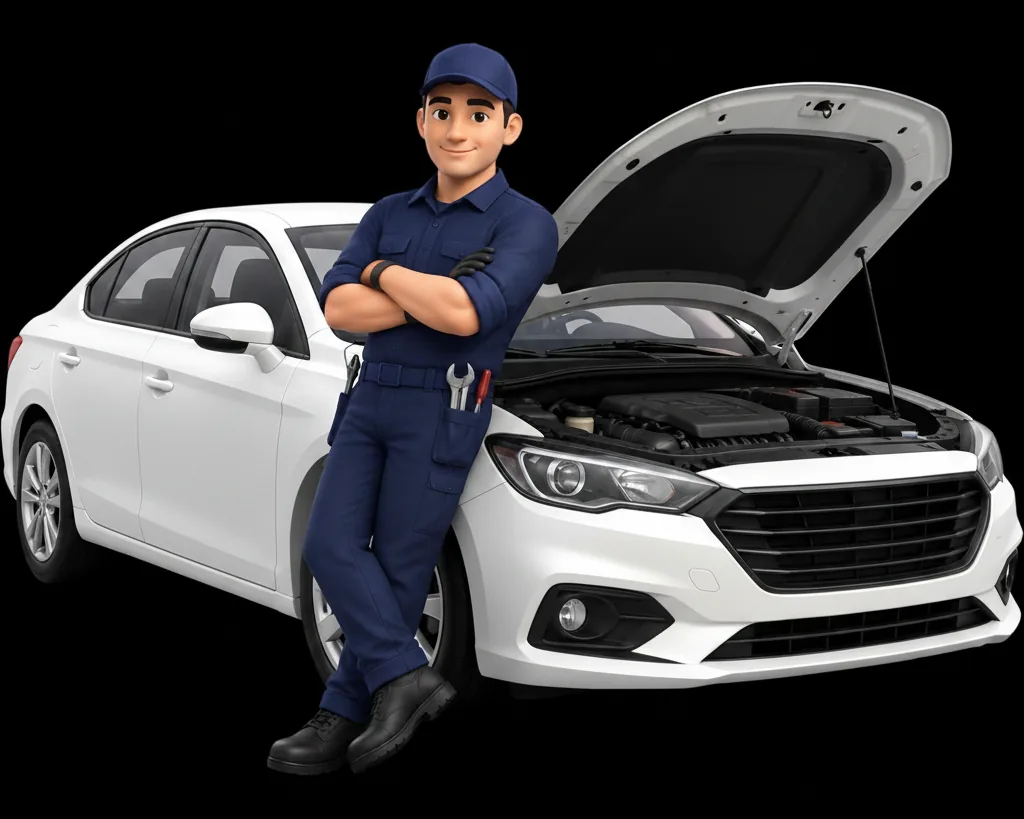Mendly mechanic leaning on a white car with its bonnet open