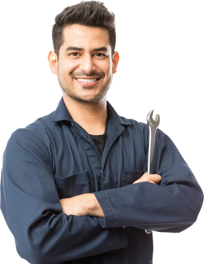 Smiling Mendly partner mechanic holding a spanner