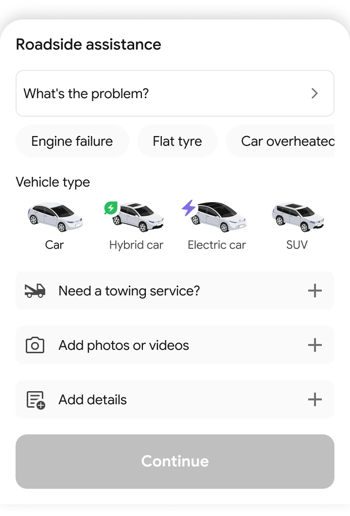 Mendly app request screen asking what the problem is and which vehicle type